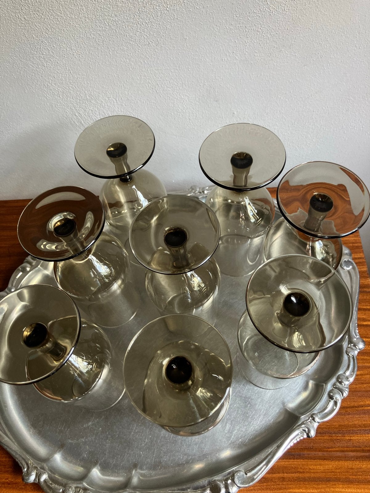 Set van 8 vintage rookglas glazen op voet, Glas of Glazen, Overige merken, Vintage, Ophalen of Verzenden