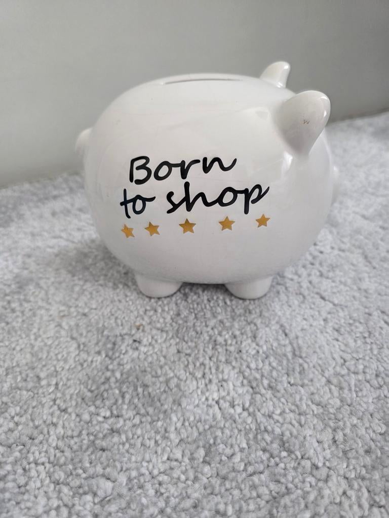 Leuk spaarvarken "Born to shop" - Zo goed als nieuw, Ophalen of Verzenden, Zo goed als nieuw, Steen, Aardewerk of Keramiek, Dier