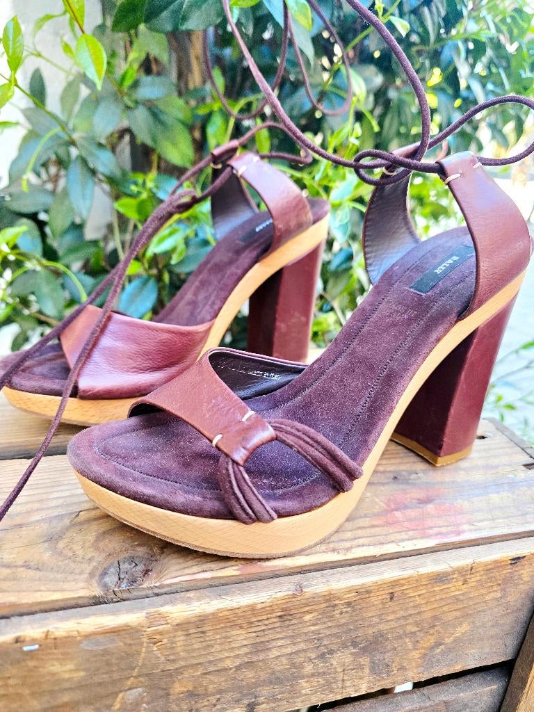 YV7774 :Bally Vintage Wooden Platform Sandals Heels Shoes, Bruin, Unknown, Unknown, Sandalen of Muiltjes