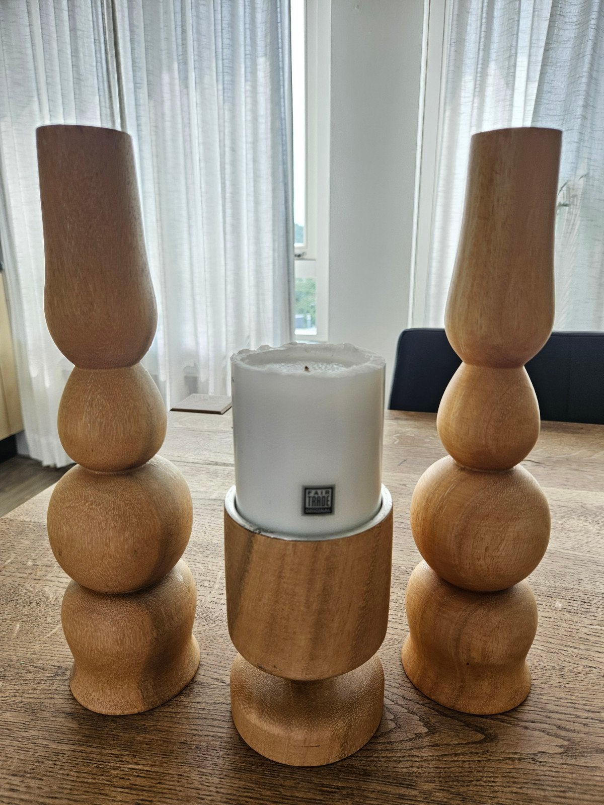 Set van 3 Kinta houten kaarsen kandelaars, Ophalen of Verzenden, Zo goed als nieuw, Kandelaar, Hout