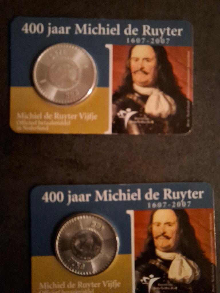 4x Zilveren 5 Euro Coincard Michiel de Ruyter 2007, Setje, Koningin Beatrix, Zilver, Euro's