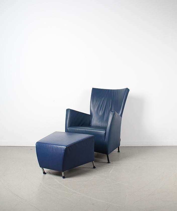 1x Montis Windy blauw leder + bijpassende hocker, Huis en Inrichting, Fauteuils, Niet ingevuld, Niet ingevuld, Ophalen of Verzenden