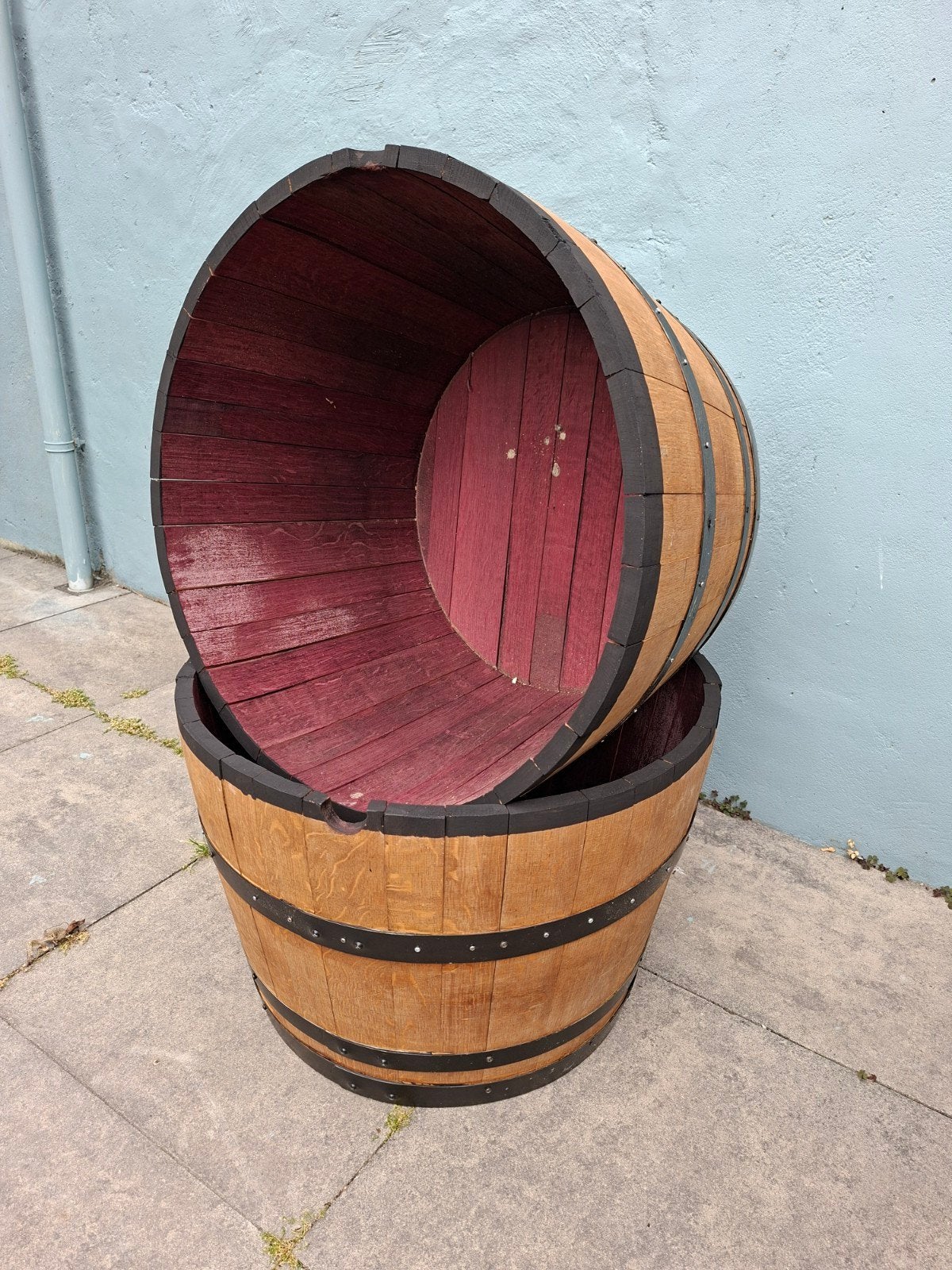 Half wijnvat plantenbak - 48x78 cm, Tuin en Terras, Bloembakken en Plantenbakken, Gebruikt, Minder dan 60 cm, Rond, Ophalen of Verzenden