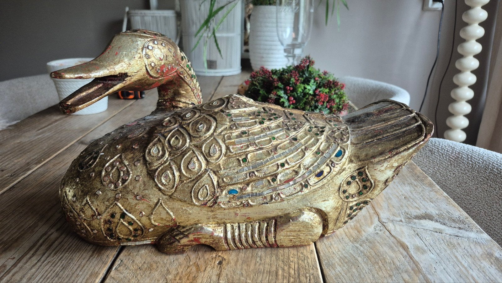 Vintage houten eend uit India met spiegeltjes, massief hout, Ophalen