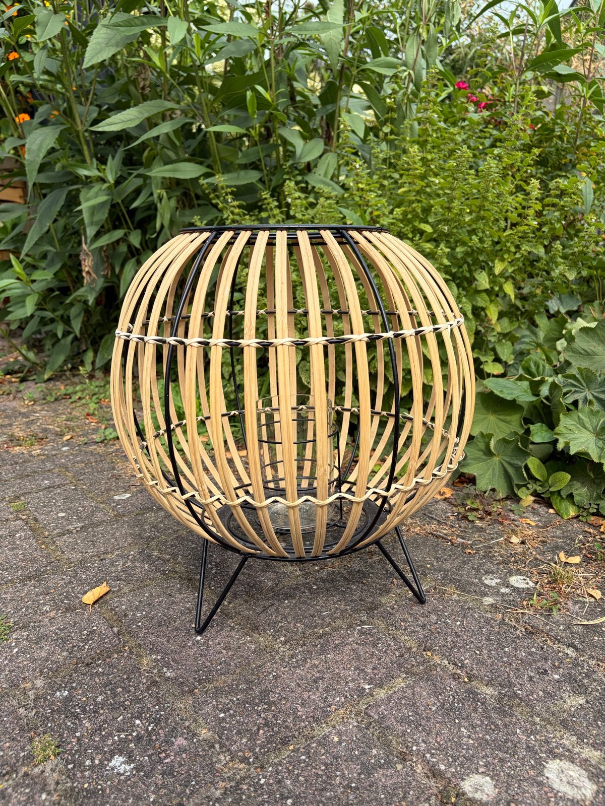 Rond windlicht bamboe/hout met zwarte ijzeren pootjes, Ophalen, Hout, Bruin, Landelijk