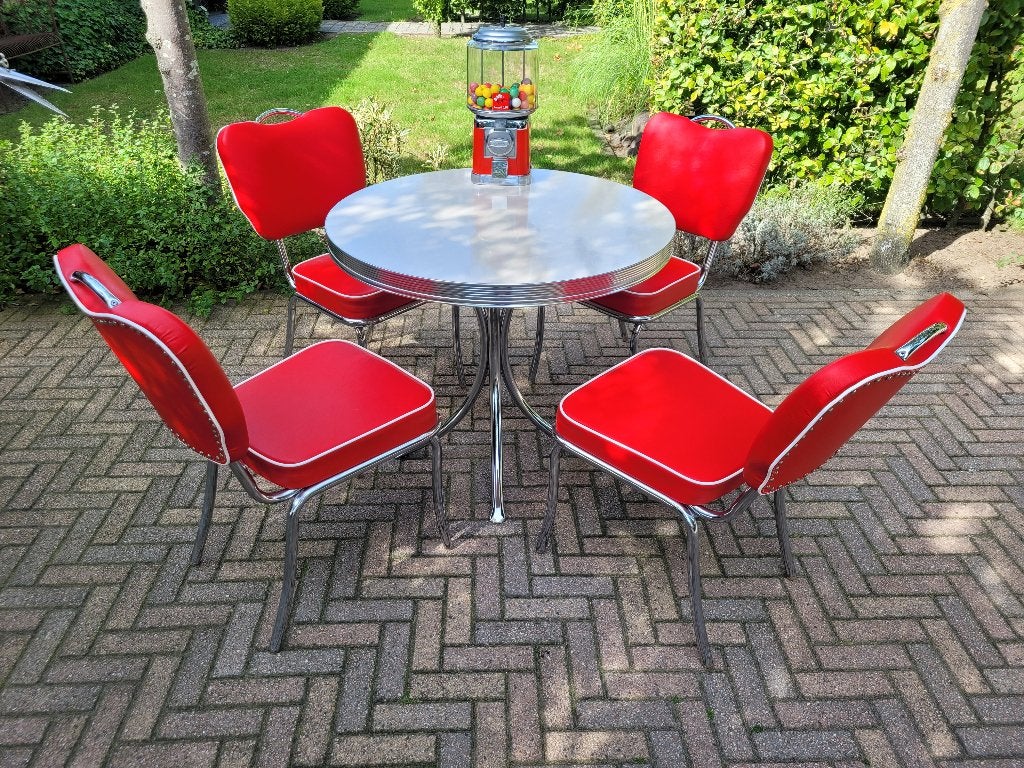 Amerikaanse Bel Air diner tafel en 4 stoelen fifties sixties, Huis en Inrichting, Ophalen, Zo goed als nieuw, Rood, Vier