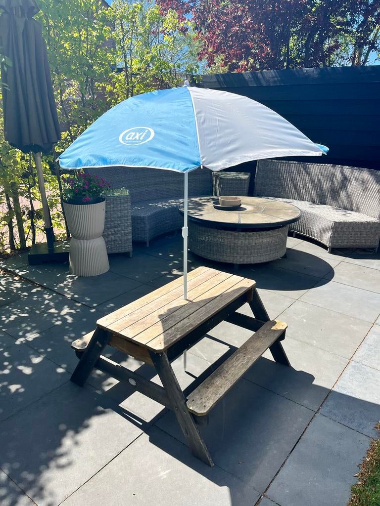AXI Zand & Water Picknicktafel Antraciet/bruin met parasol, Nieuw, Rechthoekig, Hout, Ophalen