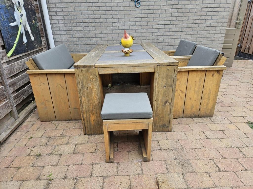 Tuinset steigerhout exclusive met kussens, Ophalen, Gebruikt, Steigerhout, Tuinset