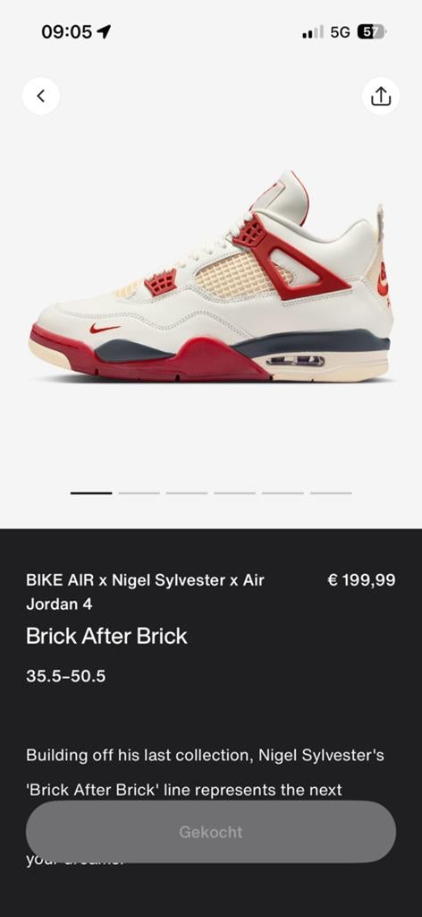 Air Jordan 4 Bike Nigel Sylvester Brick After Brick maat 43, Overige kleuren, Nieuw, Ophalen of Verzenden, Sneakers of Gympen