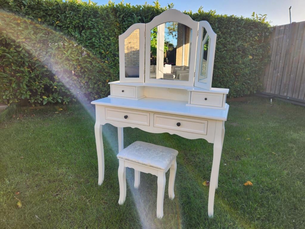 Witte kaptafel met spiegel en krukje, Minder dan 50 cm, Gebruikt, 100 tot 150 cm, Ophalen of Verzenden
