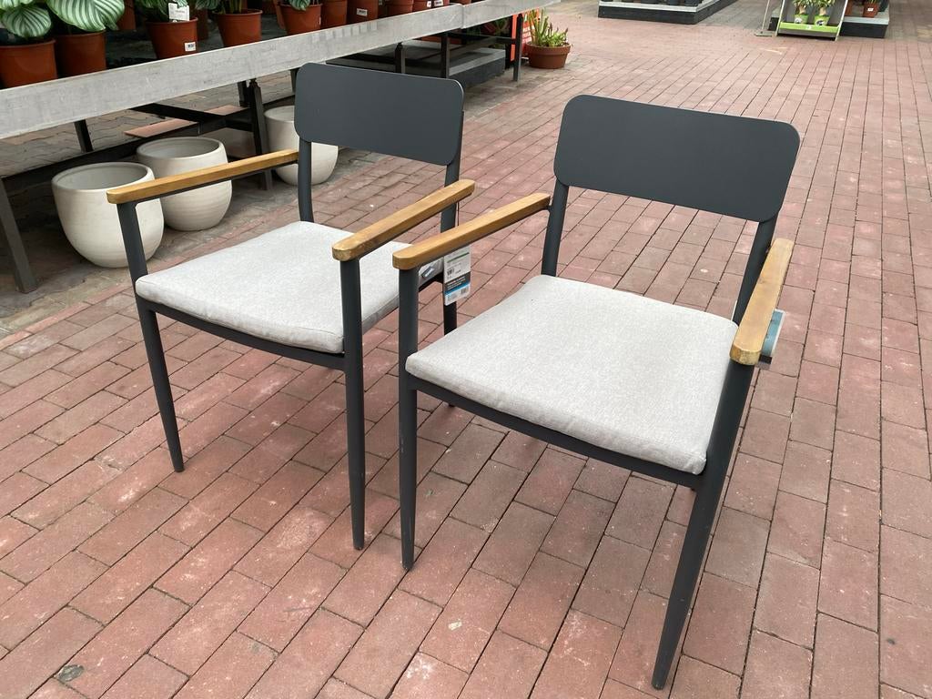 aluminium tuinstoelen Suze met acaciahout armleuningen, Huis en Inrichting, Stoelen, Ophalen, Gebruikt, Grijs