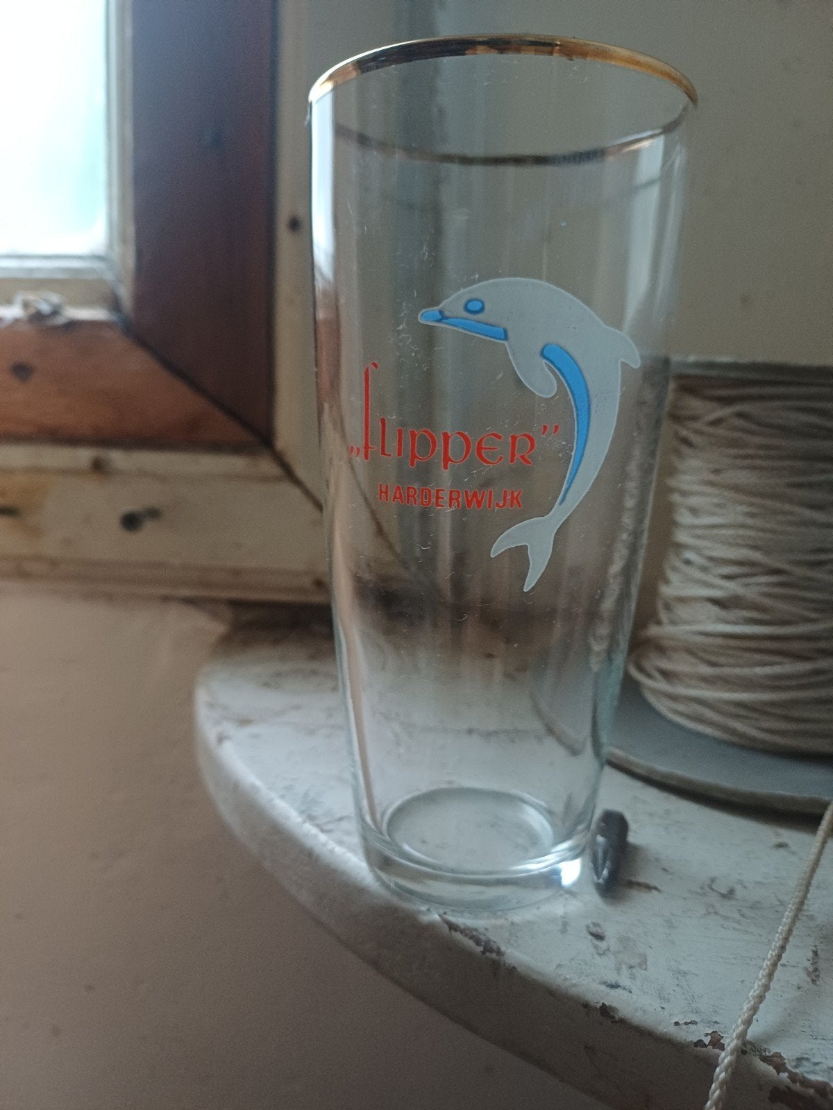 Vintage Flipper Harderwijk glas met dolfijn, Ophalen of Verzenden