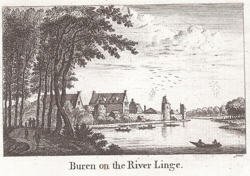 Buren on the River Linge ca. 1719, Antiek en Kunst, Stadsgezicht, Ophalen of Verzenden, Gravure, 7 cm