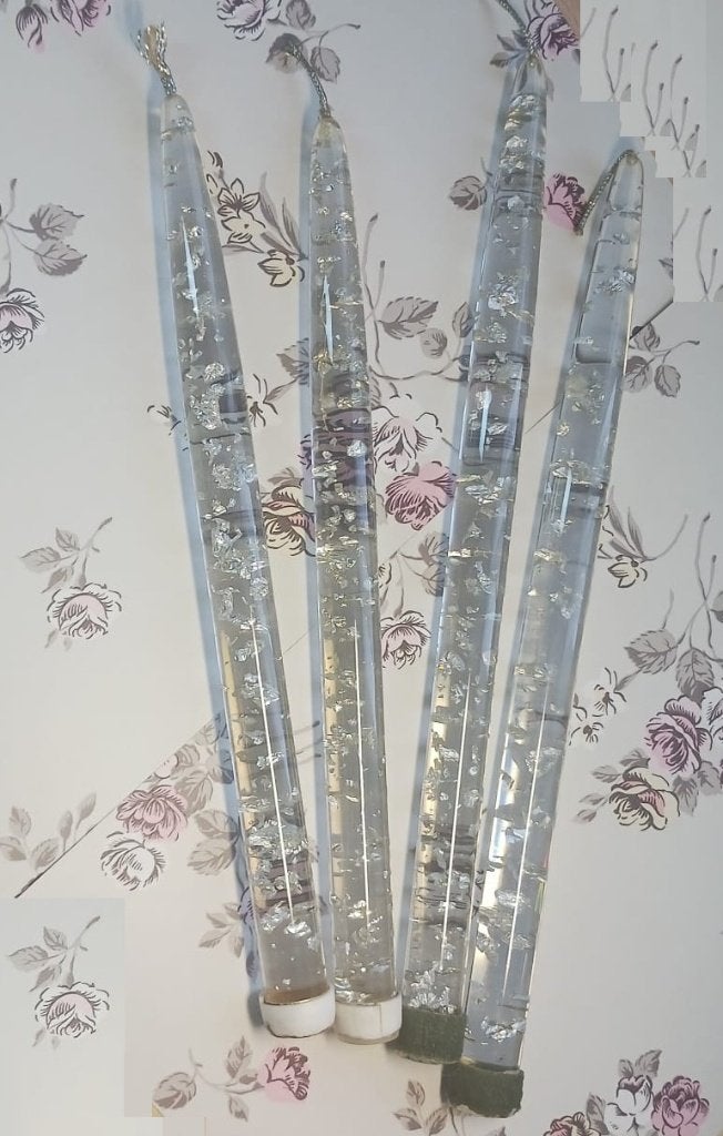 Vintage Lucite confetti kaarsen met zilveren spikkels, Overige materialen, Ophalen of Verzenden, Zo goed als nieuw, 28 cm