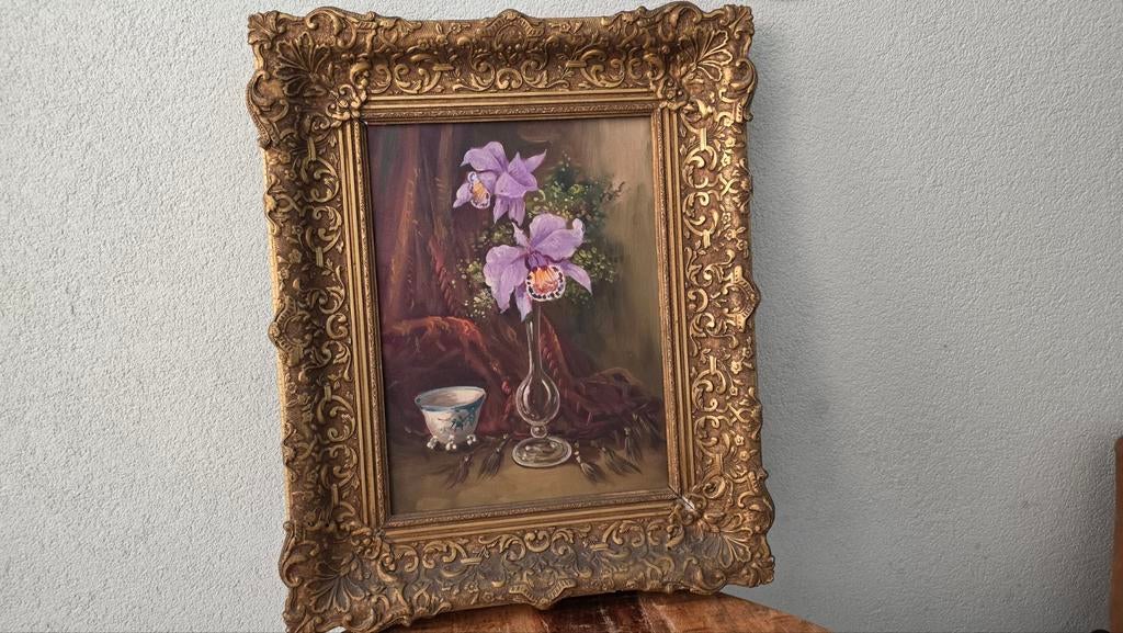 Olieverfschilderij Orchideeën in Barokke Lijst, Antiek en Kunst, Kunst | Schilderijen | Klassiek, Ophalen