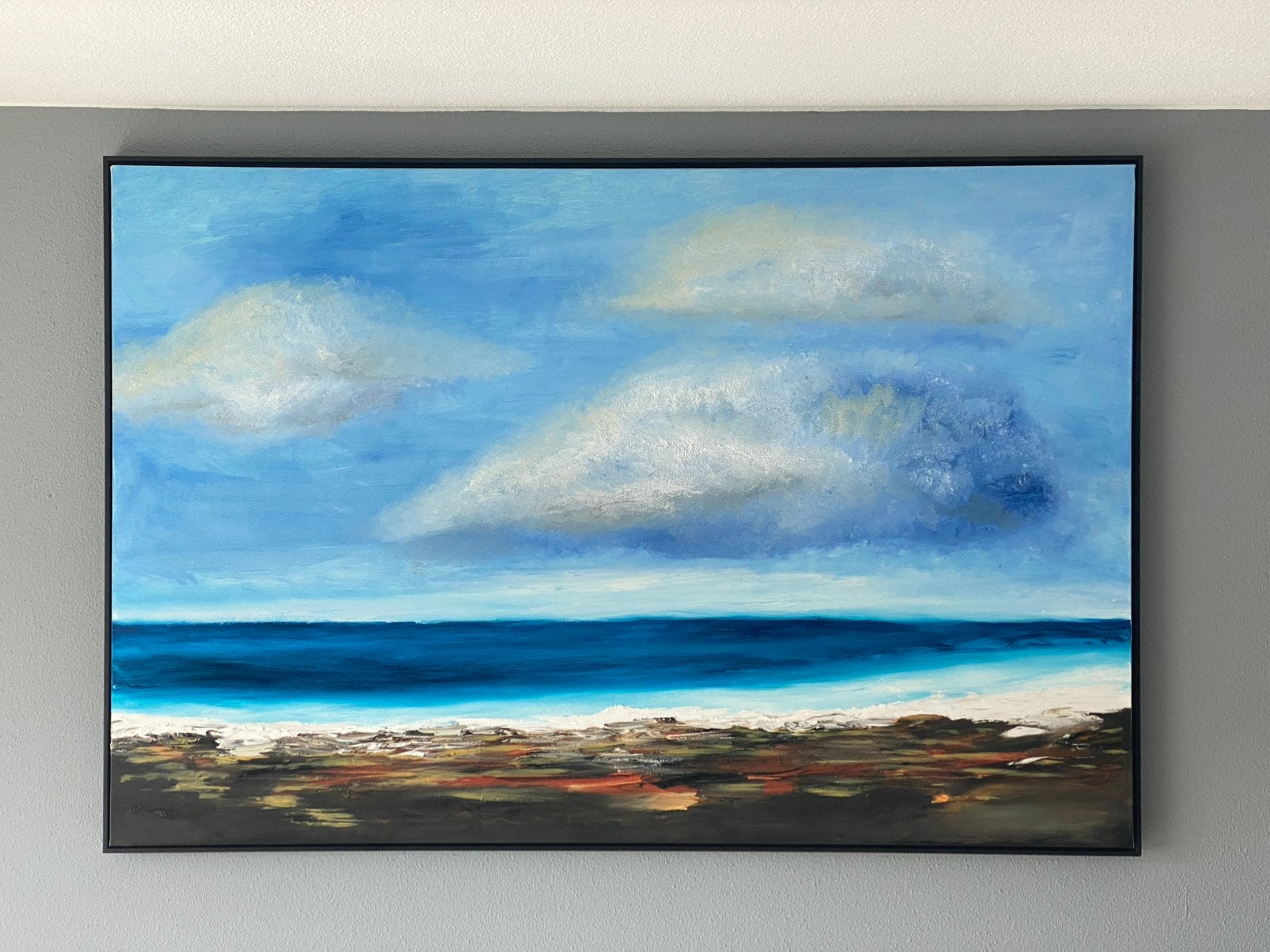 Moderne kunst, groot schilderij, zee en wolken., Ophalen