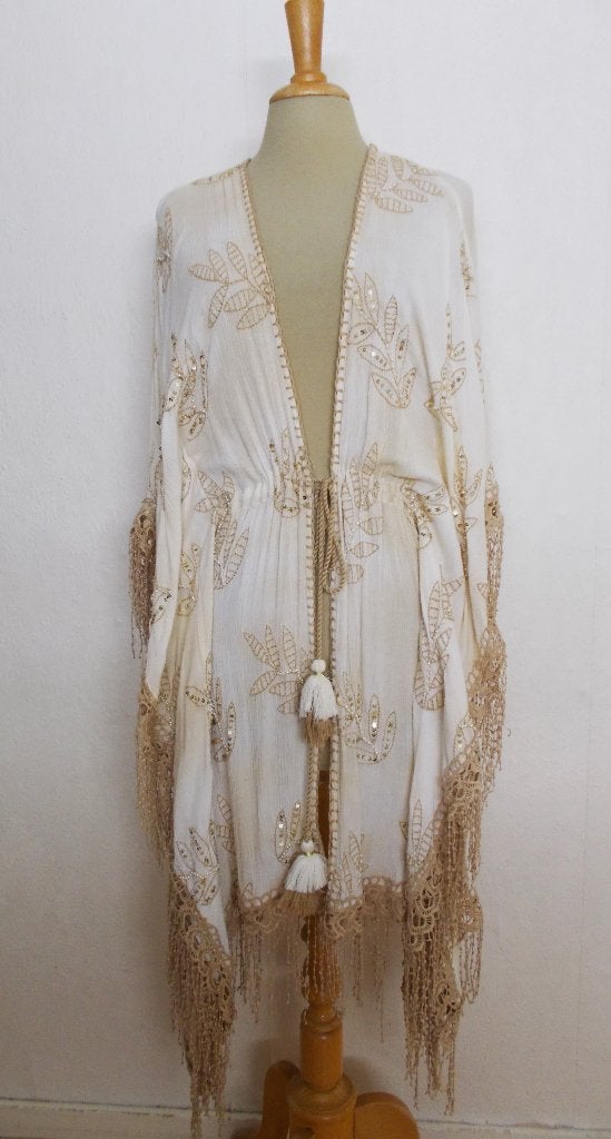 Prachtig Ibiza/bohemian/festival bewerkte jurk/vest! L, Verzenden, Beige, Maat 42/44 (L), Zo goed als nieuw