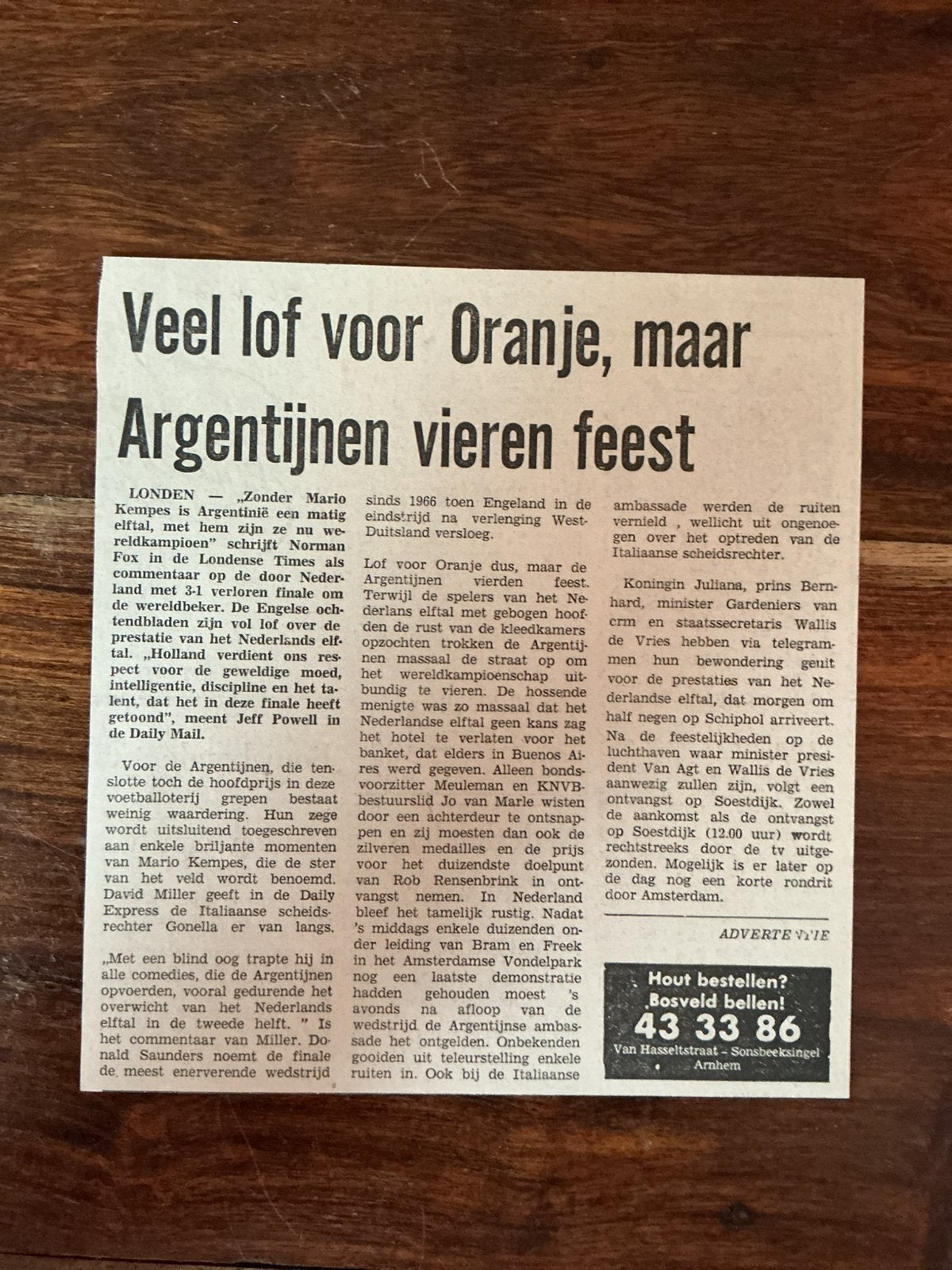 Voetbalkrantenartikel Lof Oranje Wk 78  Nederland Argentinië, Ophalen of Verzenden, 1920 tot 1940, Tijdschrift