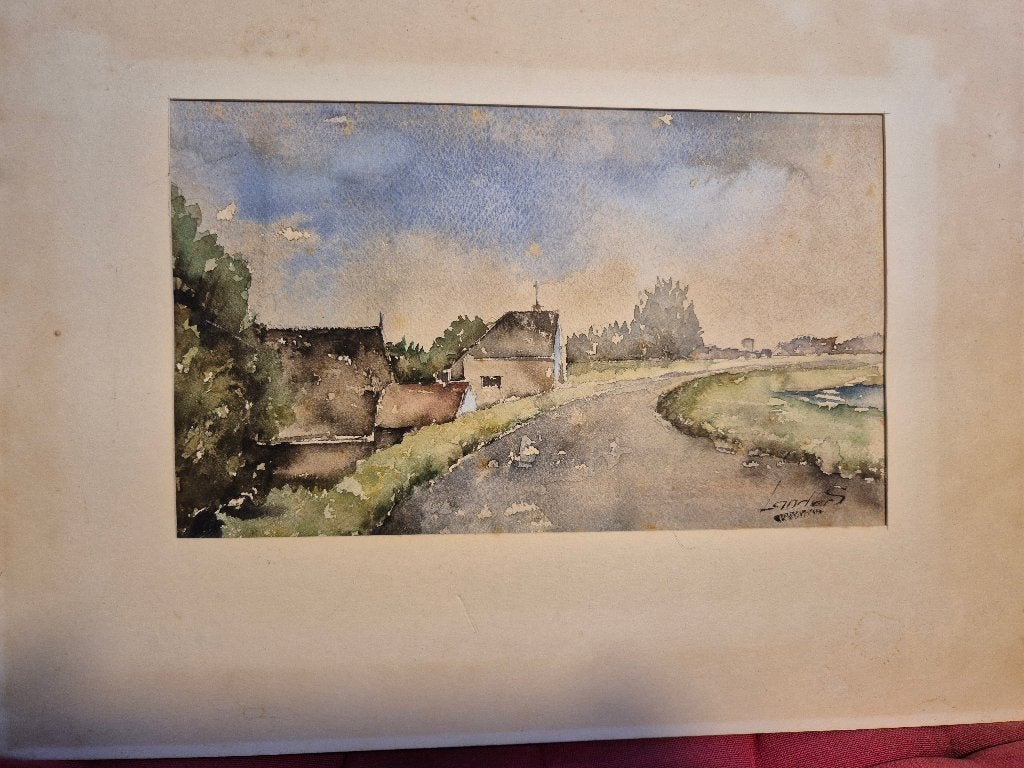 Aquarel van Koos Landers 1914- 1983, Oud hollands, Ophalen of Verzenden, Landschap, Aquarel