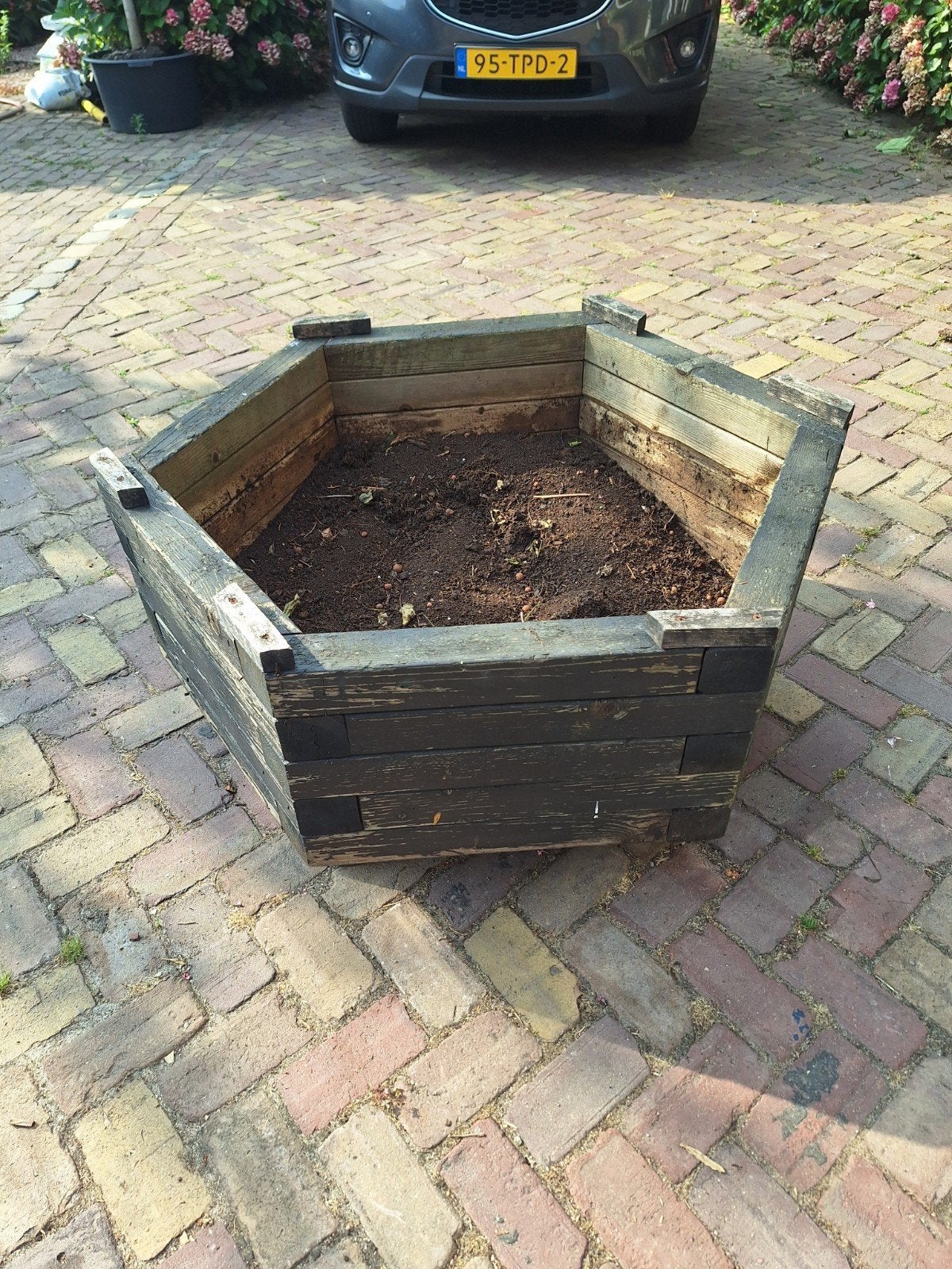 Zeshoekige houten plantenbak op wielen, Tuin en Terras, Ophalen, Gebruikt, 60 cm of meer, Rechthoekig