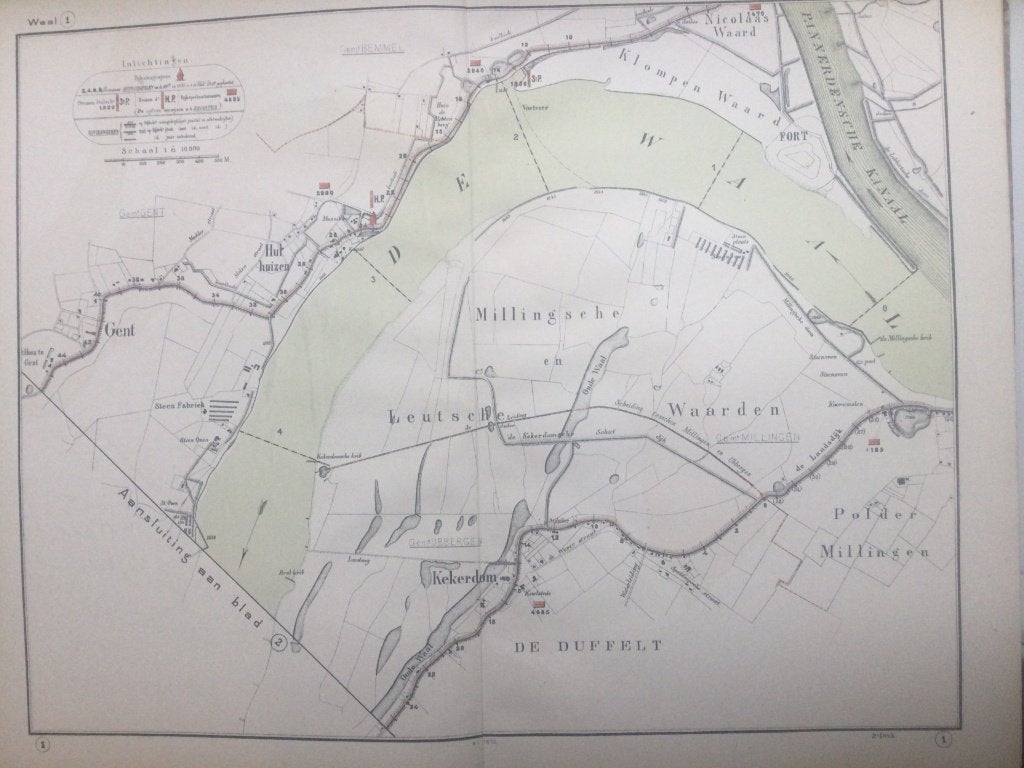 Overbetuwe, Kekerdom, Gent, Rijn e.o., 1872., Antiek en Kunst, Kunst | Etsen en Gravures, Verzenden, Cartografie, Origineel, 51 cm