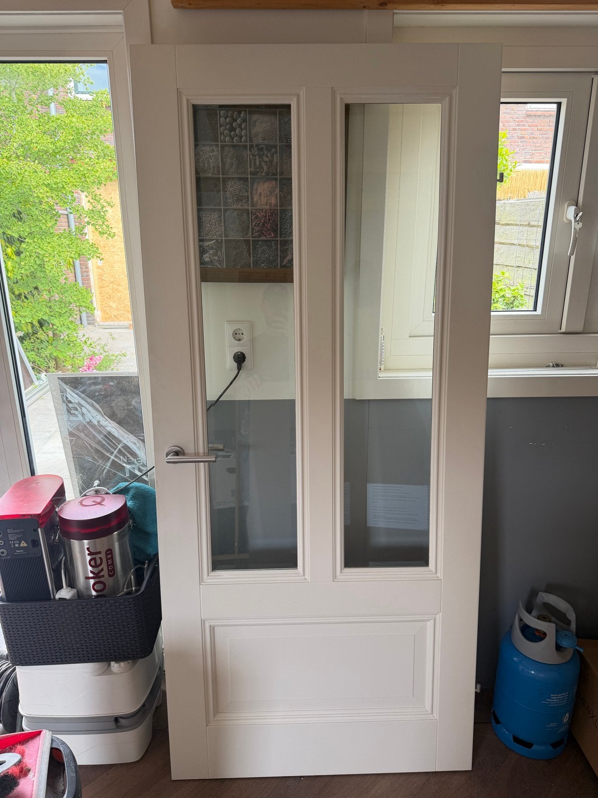 Houten opdekdeur met glas - 211.2 x 95.2 cm, Doe-het-zelf en Verbouw, Deuren en Horren, Ophalen, 80 tot 100 cm, Binnendeur, Zo goed als nieuw