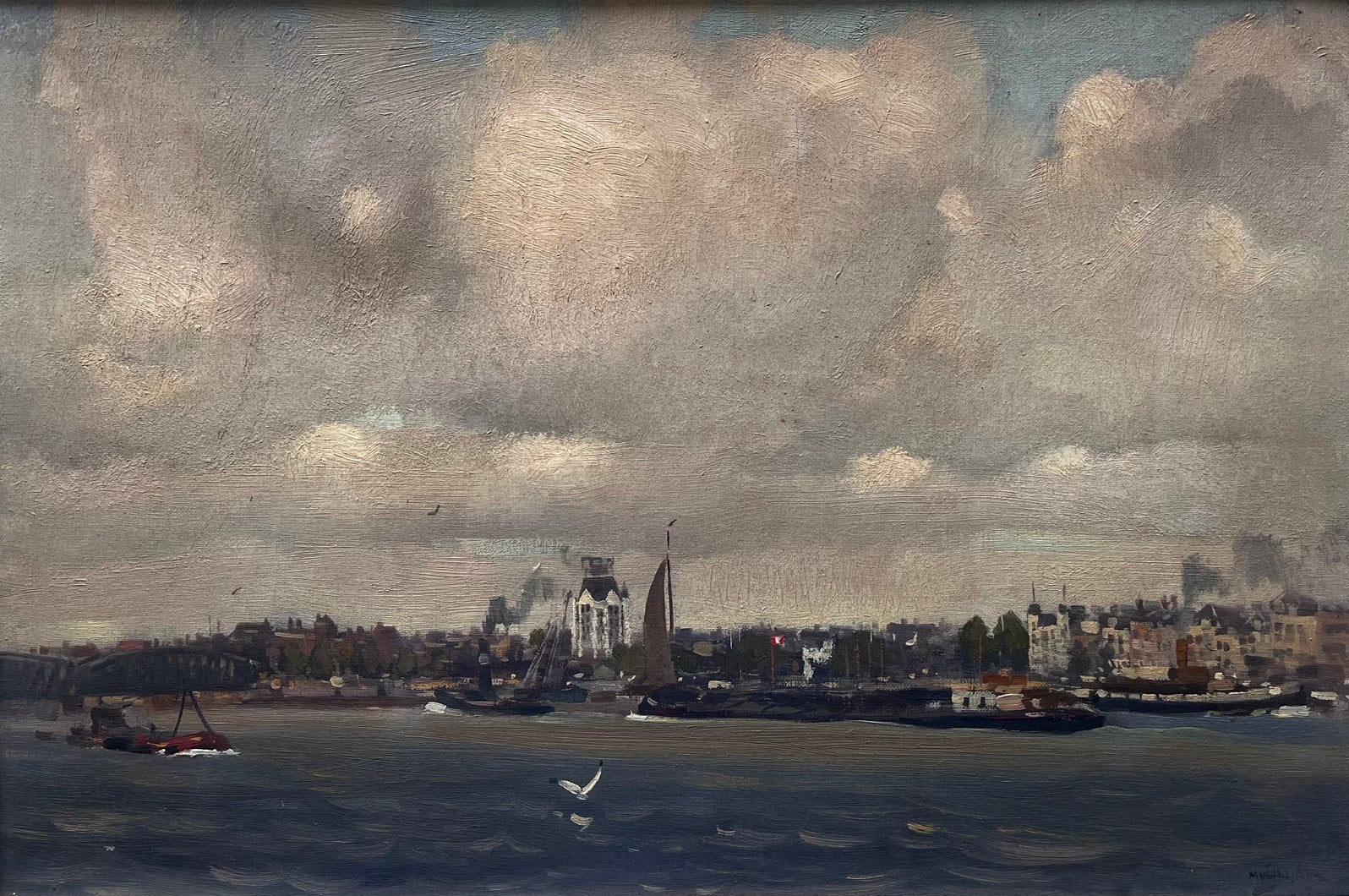 Olieverfschilderij Daniel Mühlhaus stadsgezicht Rotterdam, Ophalen, Doek, Impressionistisch, Olieverf