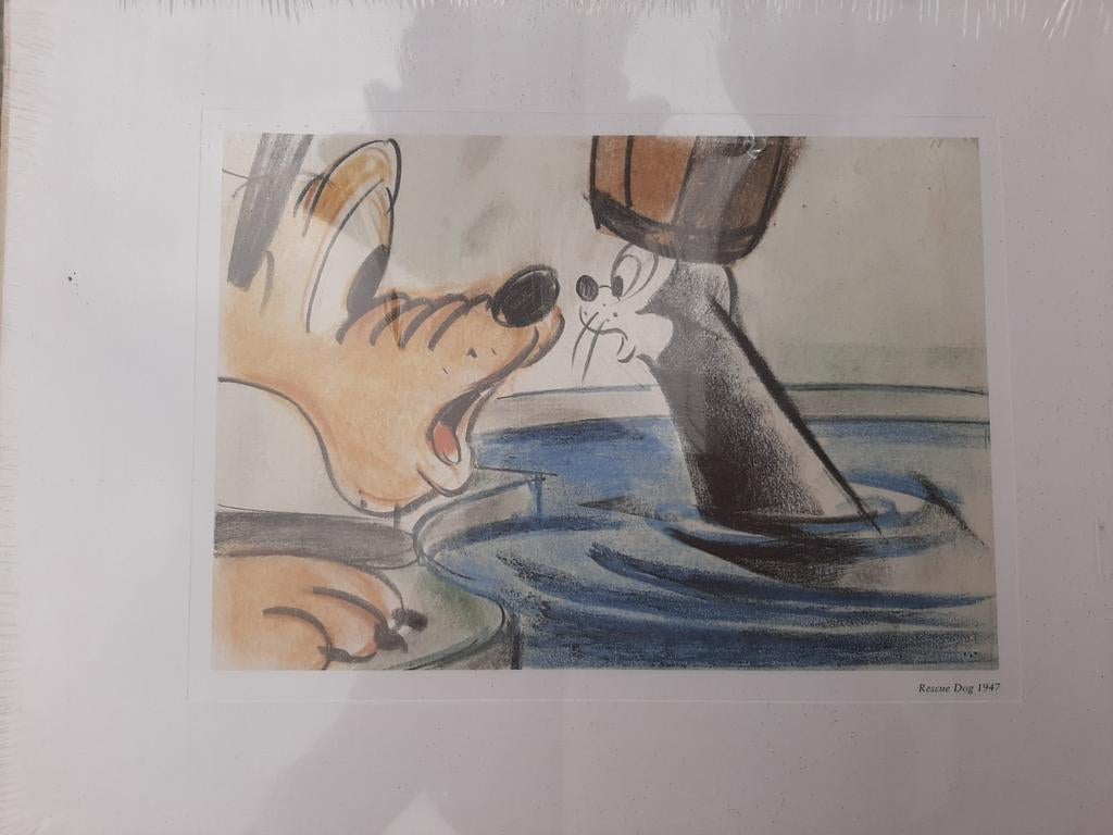 Vintage verzamelobject: Disney Pluto reddingshond, 1947, Antiek en Kunst, Kunst | Litho's en Zeefdrukken, Ophalen of Verzenden