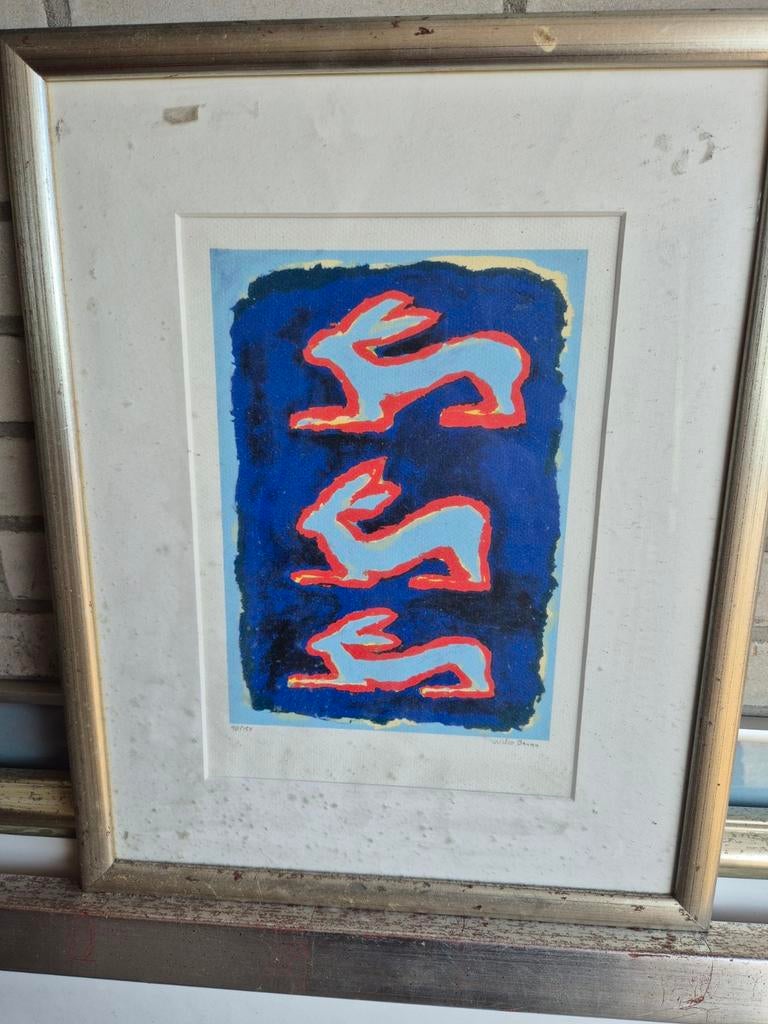 Ingelijste zeefdruk met drie hazen, gesigneerd Wilco Berga, Ophalen