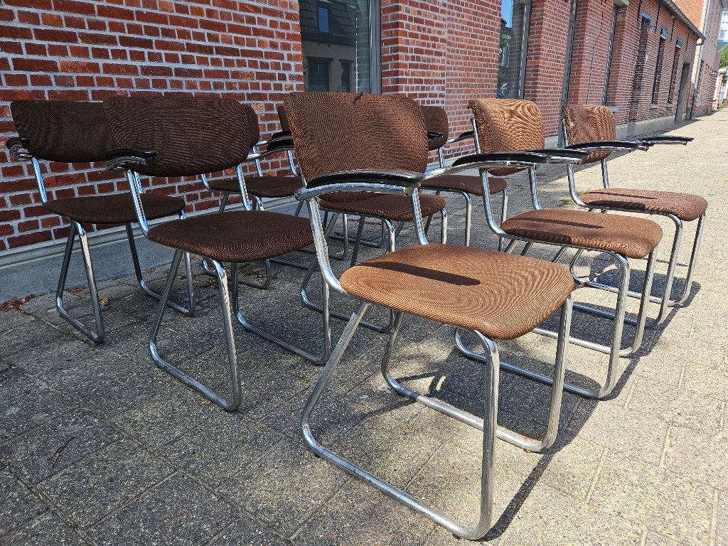 Chroom buis stoelen Vintage 9 stuks Buisstoel, Huis en Inrichting, Stoelen, Ophalen, Gebruikt, Bruin, Stof