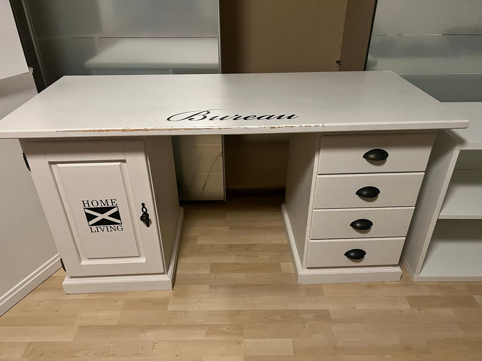 Wit bureau met 4 lades en opbergkast - 140x60x70 cm, Ophalen, Overige typen, Gebruikt, Wit