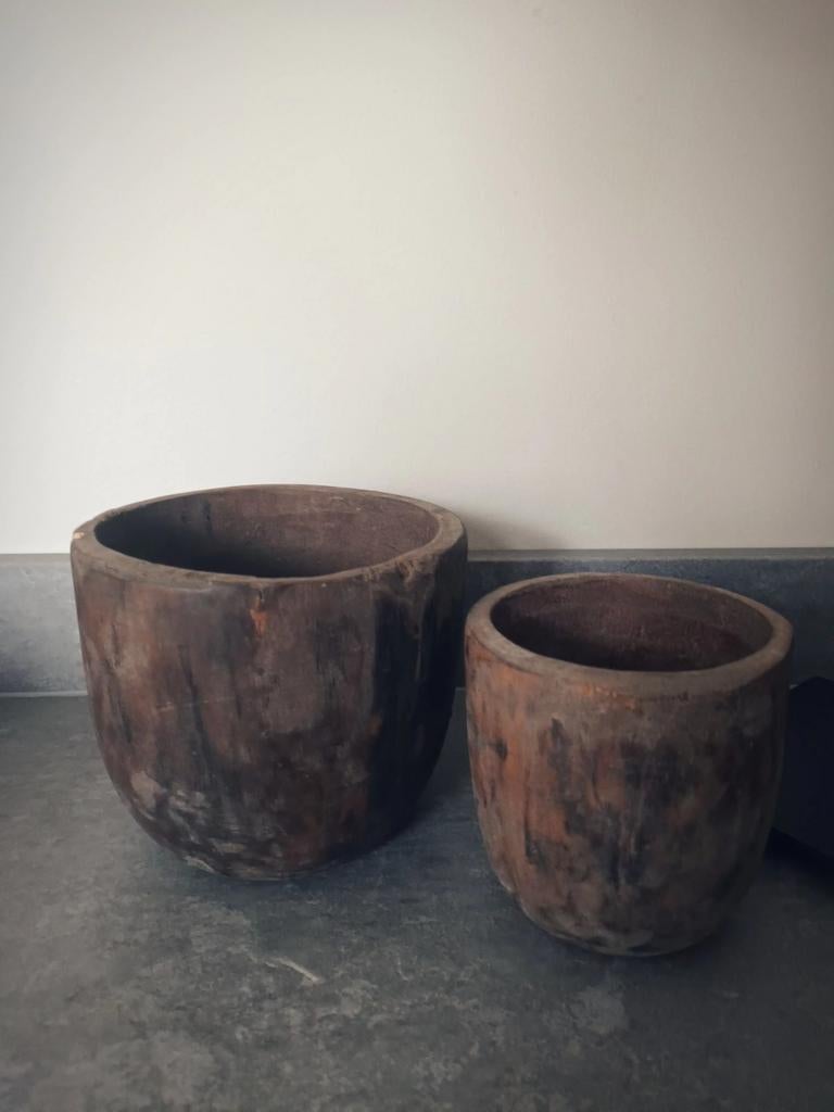 Set sobere houten potten doorleefd robuust natuurlijk, Schaal, Rond, Nieuw, Ophalen of Verzenden