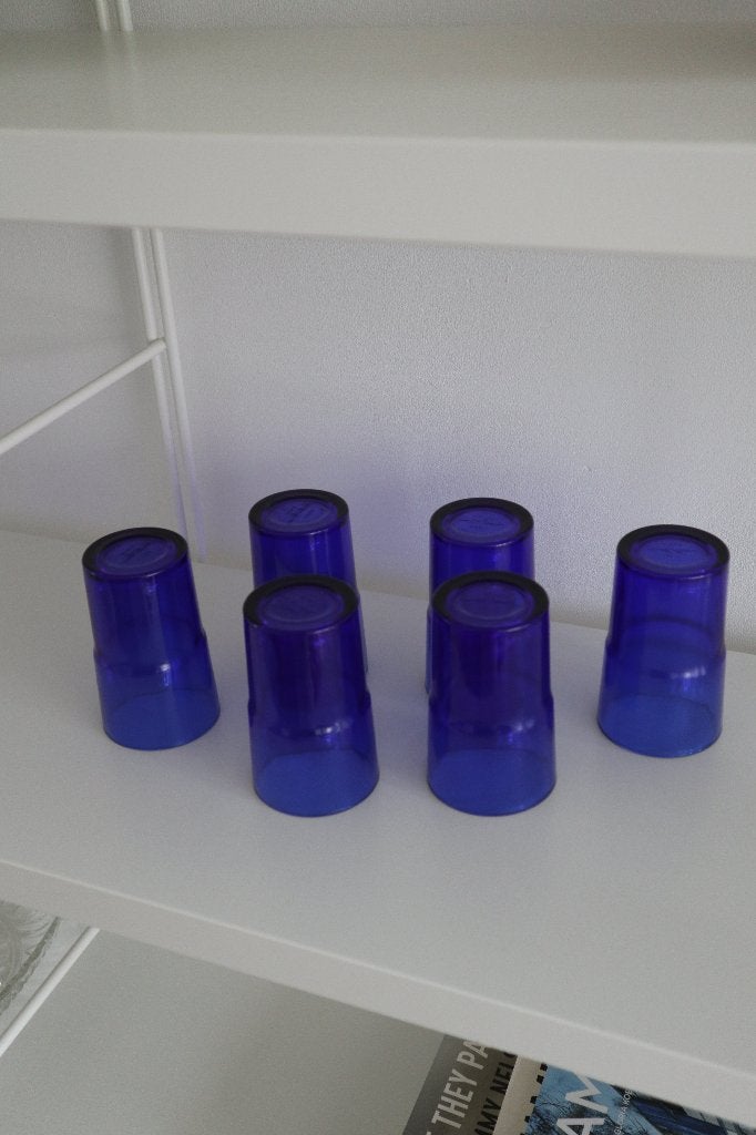 6 vintage kobaltblauwe drinkglazen / retro deens design 60, Ophalen of Verzenden, Zo goed als nieuw, Waterglas