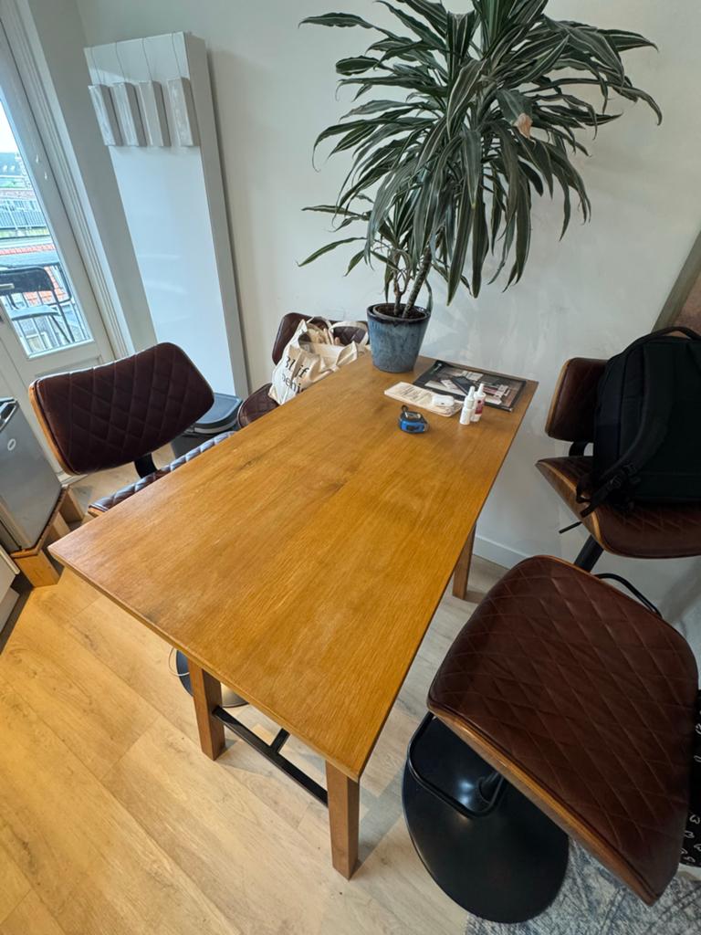 Houten bartafel 117x58cm met metalen onderstel, Ophalen, Gebruikt, 100 tot 150 cm, 50 tot 100 cm