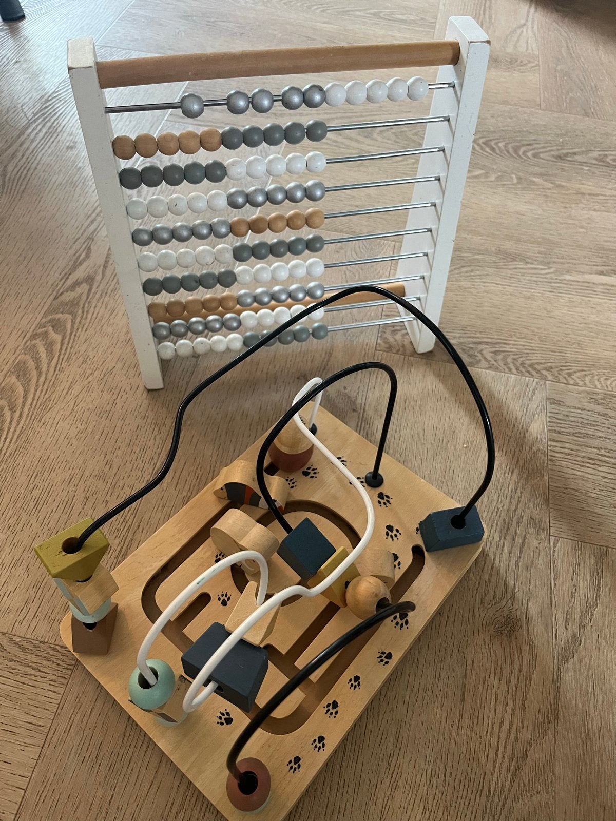 Houten speelgoed set: Telraam, kralenbaan & brandweerauto, Ophalen, Gebruikt, Overige typen