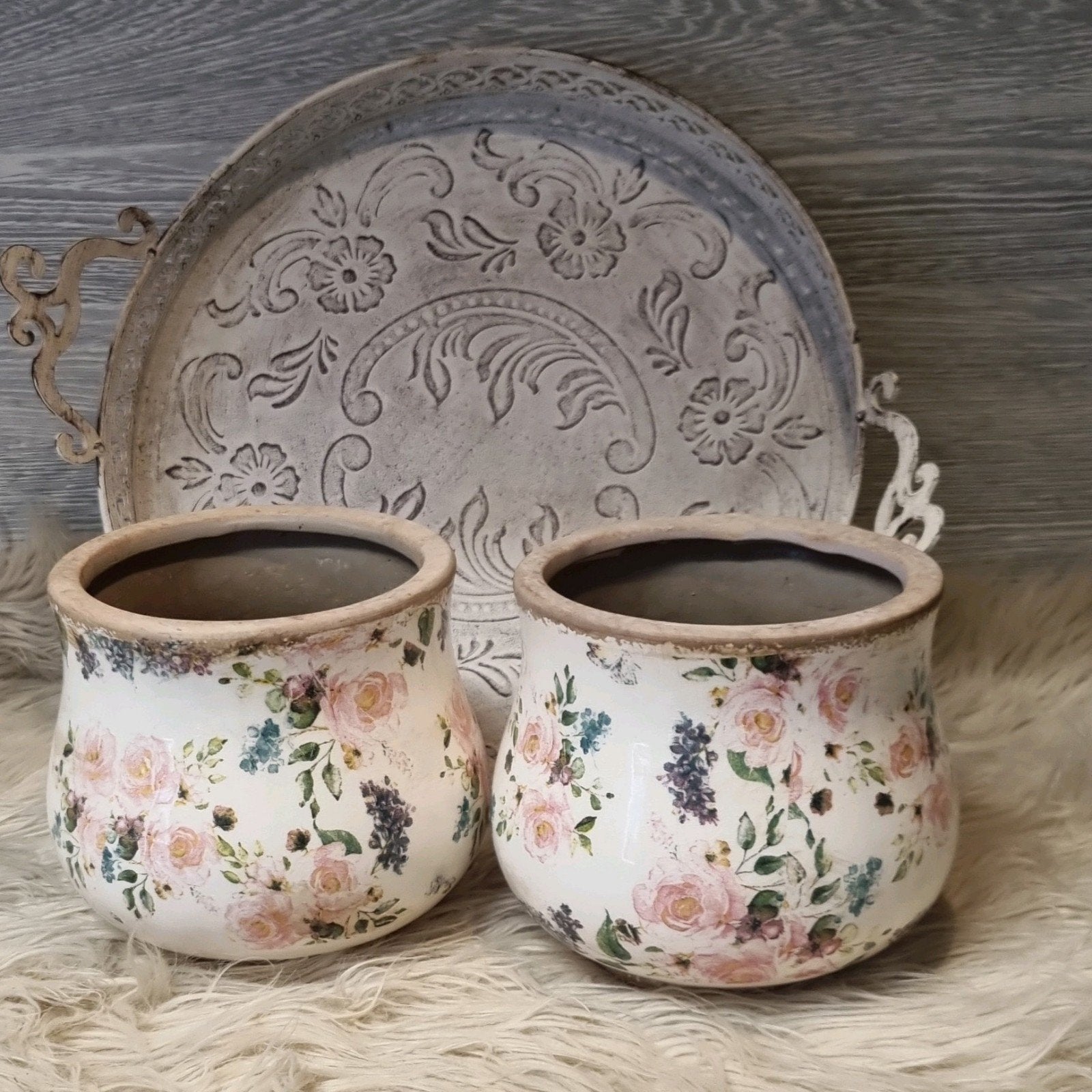 Clayre Eef potten en metalen dienblad Vintage brocante stijl, Vintage, Gebruikt, Meerkleurig, Ophalen of Verzenden