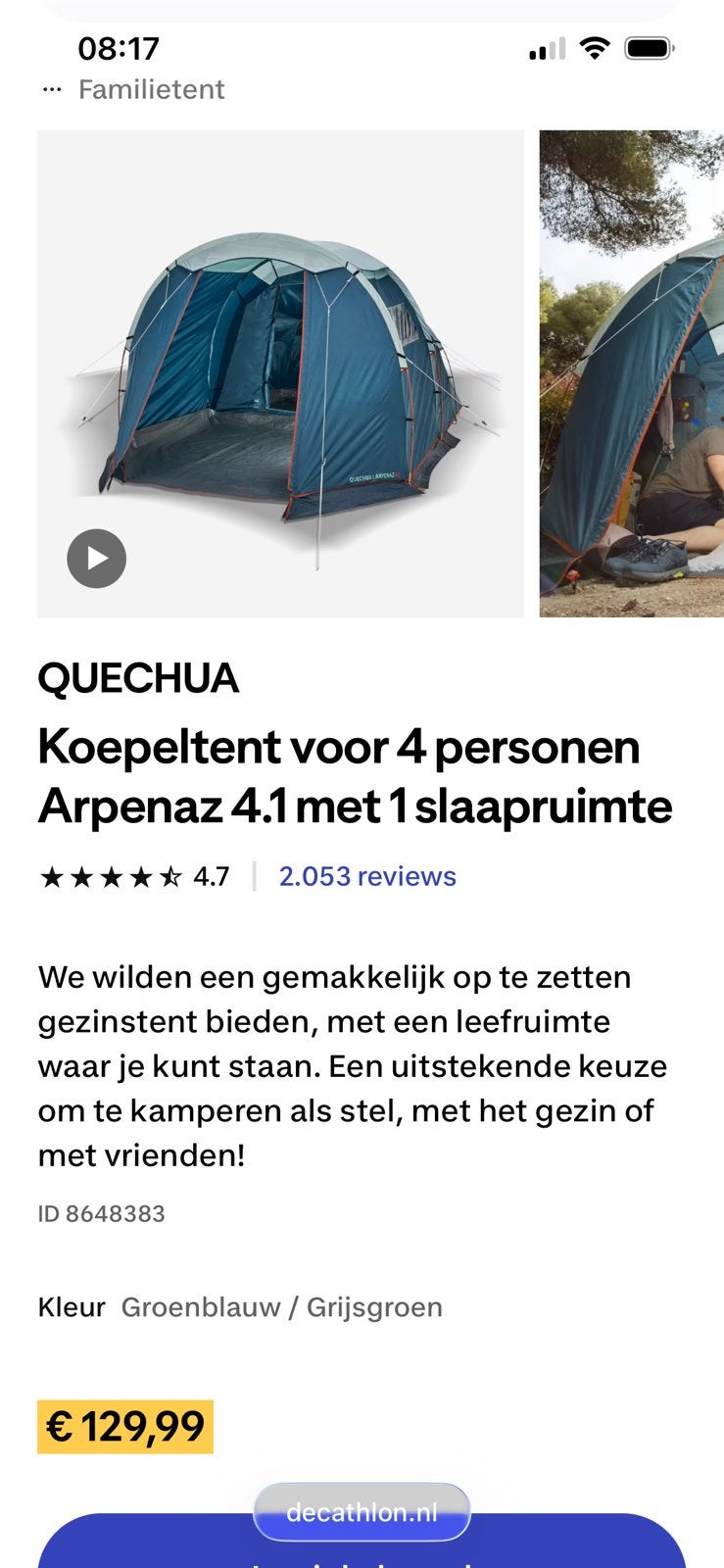 Quechua Arpenaz 4.1 familietent – 4 personen: ruime voortent, Ophalen, Gebruikt
