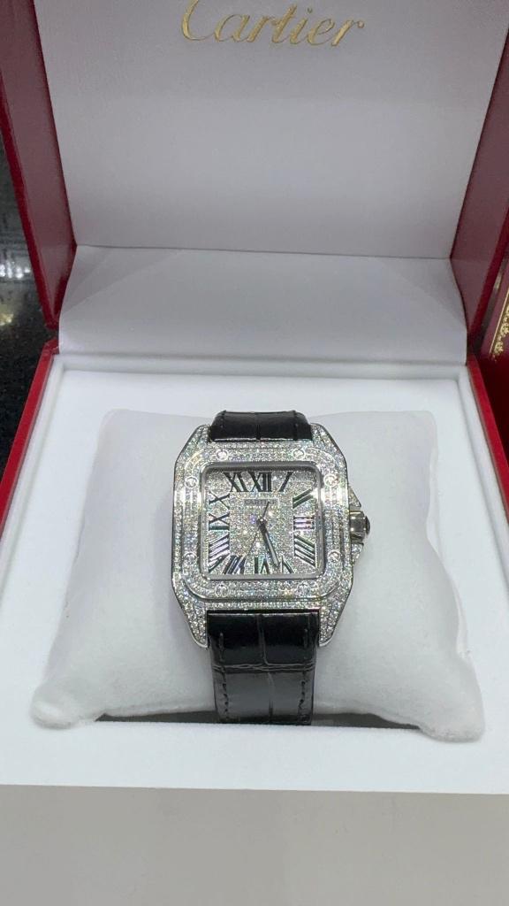 Cartier santos REF: 2656 Box papers 15ct diamonds, Overige merken, Overige materialen, Leer, Polshorloge
