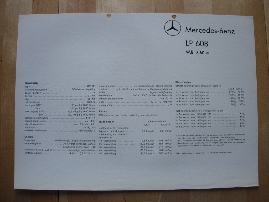 Mercedes LP LPK 608 Technische Specificatie Brochure ca 1968, Zo goed als nieuw, Mercedes-Benz, Mercedes, Ophalen of Verzenden