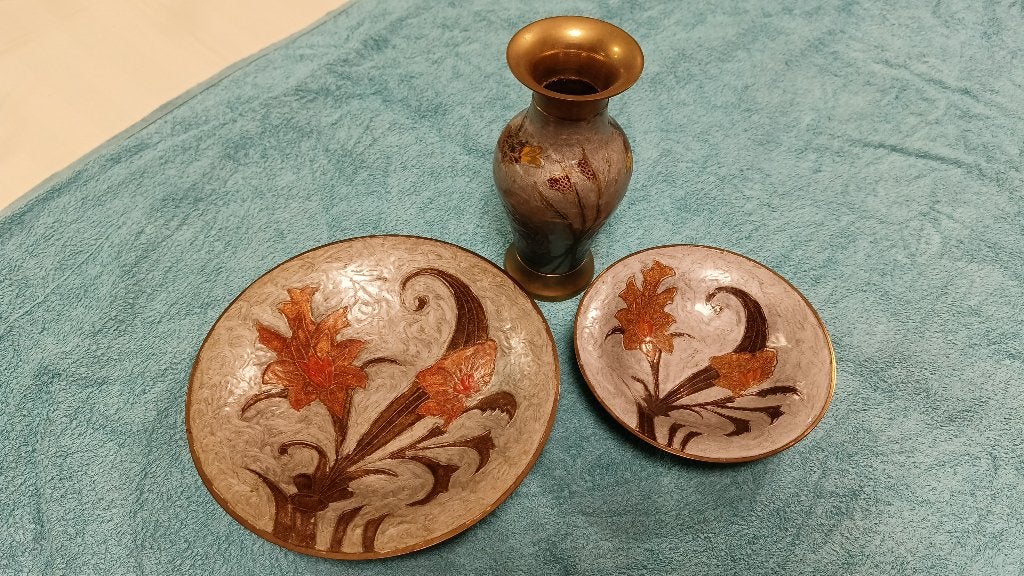 Messing vaas met 2 schalen – handwerk set, Ophalen of Verzenden