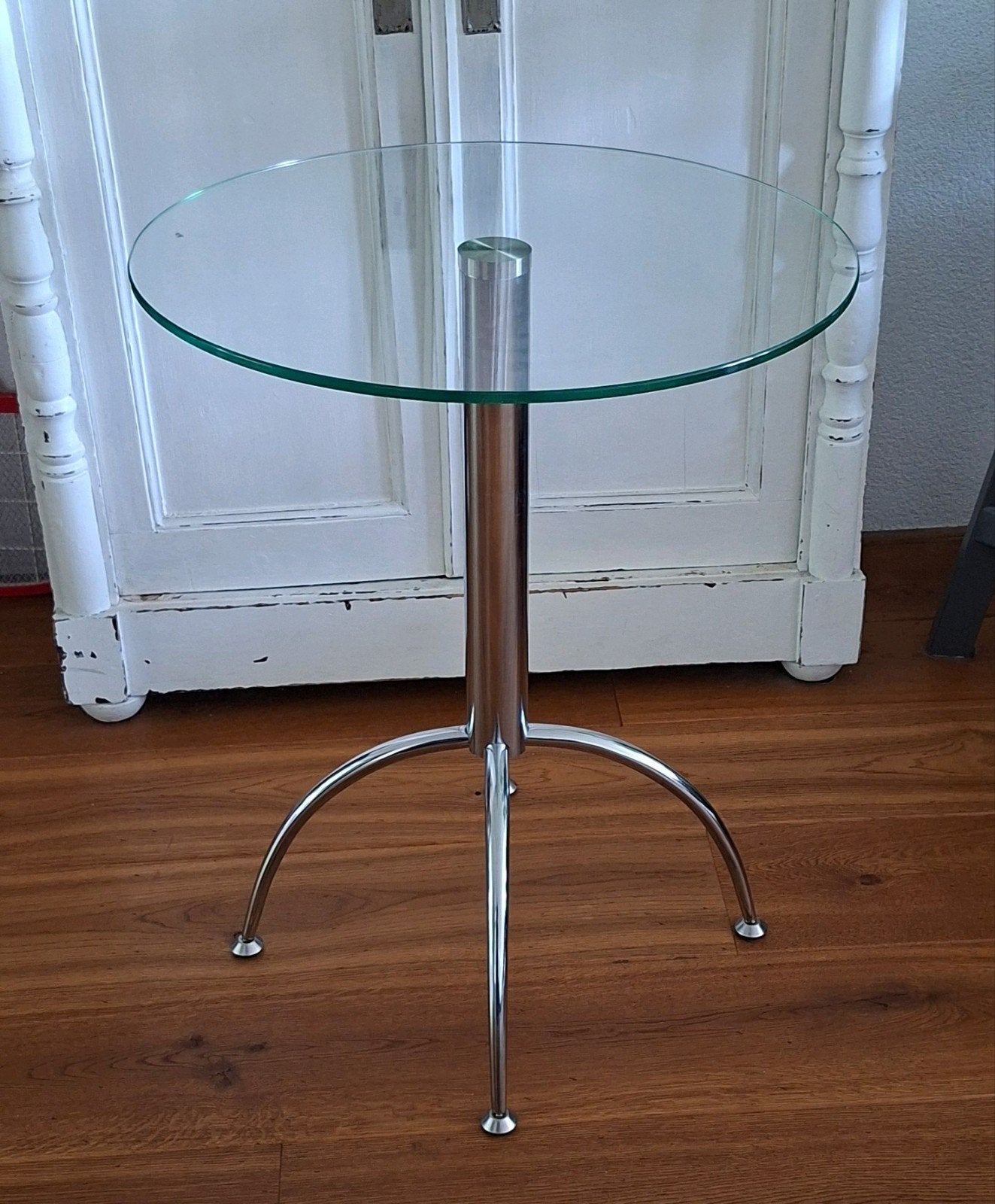 Vintage glazen bijzettafel chroom jaren '80/'90, Huis en Inrichting, Tafels | Bijzettafels, Minder dan 55 cm, Gebruikt, Rond, Glas