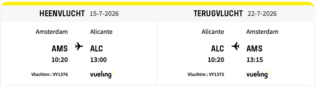 1 Retour Amsterdam - Alicante Vueling data wijzigbaar, Eén persoon, Vliegtuig, Met bestemming of datum