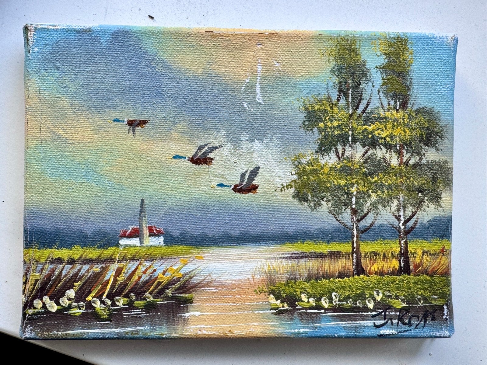 Klassiek miniatuur schilderij J. Kok - Hollands landschap, Ophalen of Verzenden