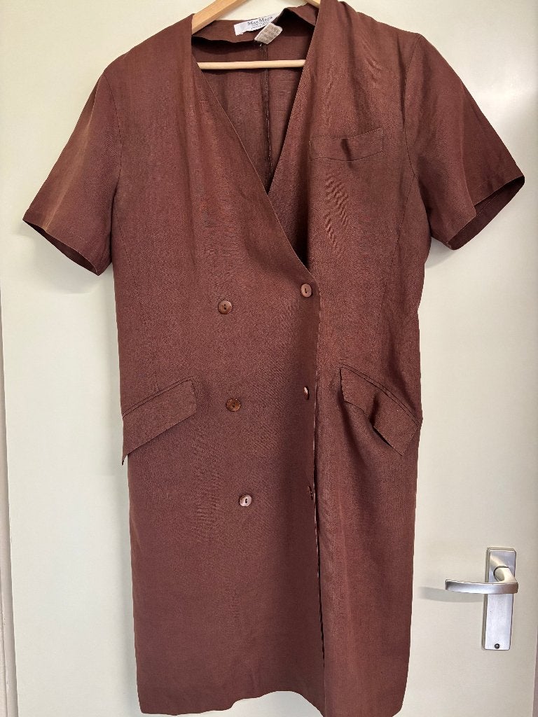 Vintage Max Mara Linnen Jurk - Bruin - Maat 38, Kleding | Dames, Maat 38/40 (M), Overige typen, Bruin, Ophalen of Verzenden