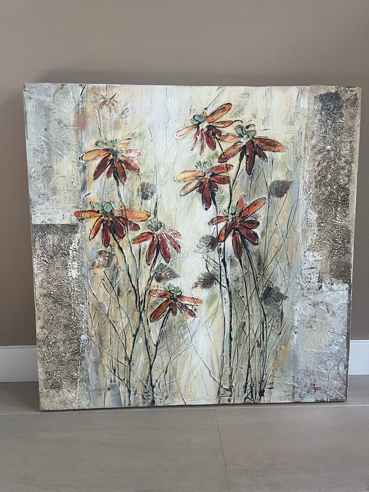 Modern Schilderij Bloemen 80x80 cm - Abstracte Kunst, Ophalen, Acrylverf, Met textuur, Bloemen