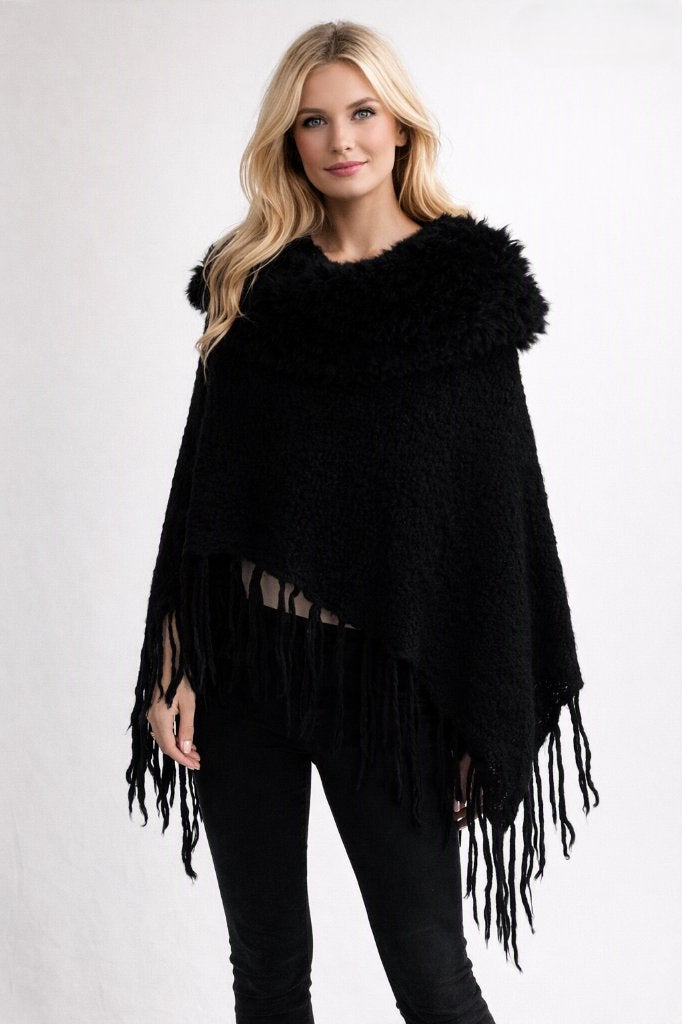 Zwarte poncho met franjes en kunstbontje/preziosa/mt.S/M, Zwart, Ophalen of Verzenden, Zo goed als nieuw, Preziosa collection
