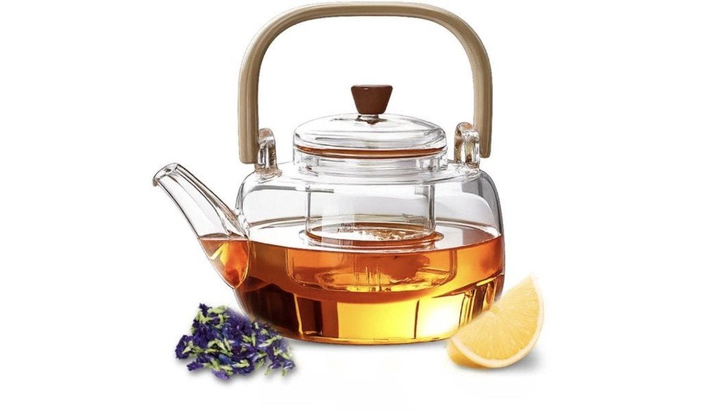 Glazen theepot met filter en bamboe hengsel 1 liter - nieuw, Overige merken, Nieuw, Ophalen of Verzenden, Glas