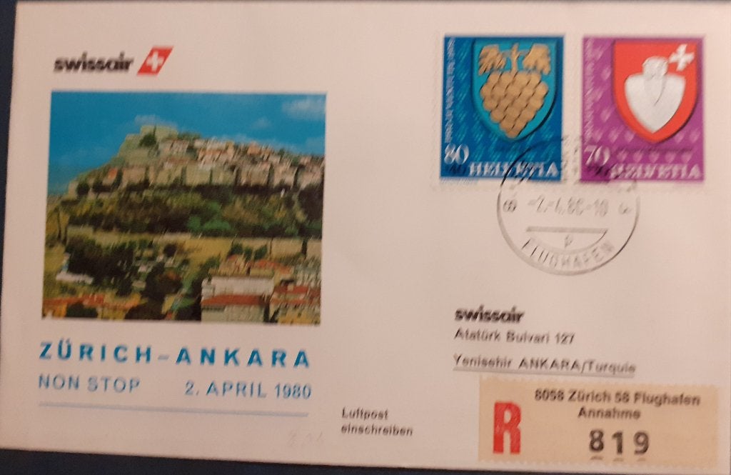 Luchtpost Zwitserland Non Stop Zurich - Ankara, Postzegels en Munten, Ophalen of Verzenden, Envelop