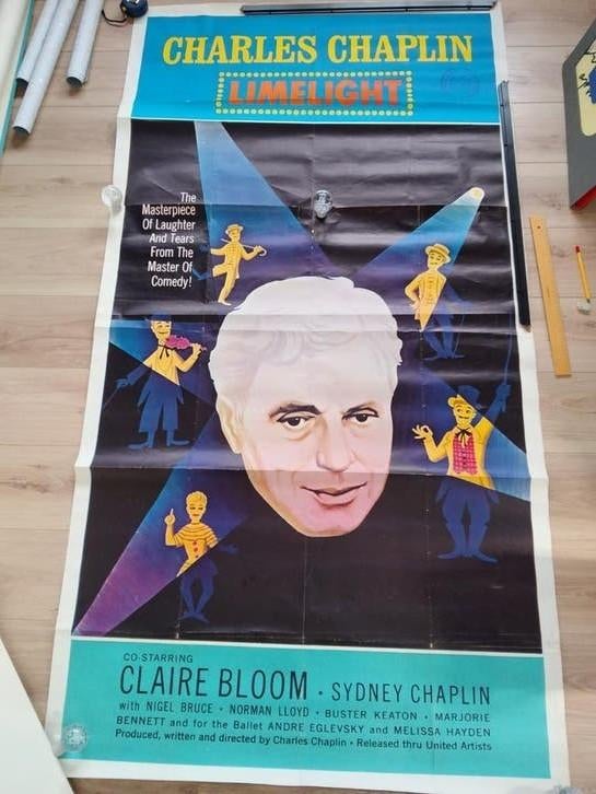 Vintage Charles Chaplin Limelight Filmposter, Verzamelen, Deurposter of groter, Ophalen of Verzenden, Film en Tv, Rechthoekig Staand