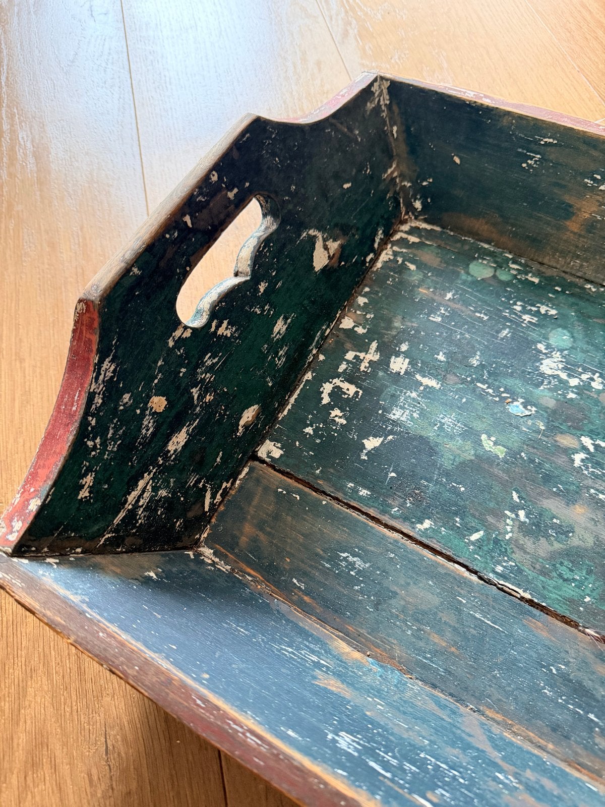 Antieke houten mangelbak met groene tinten, Antiek en Kunst, Ophalen